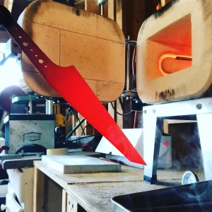 A Yanagiba knife heated to 1,550 degrees Fahrenheit during the knife making process.